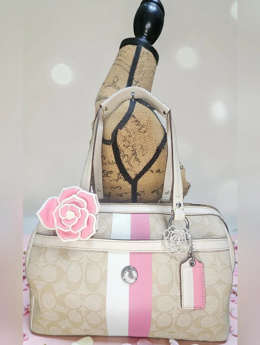 Coach Beige Signature Satchel with Pink and White Stripes